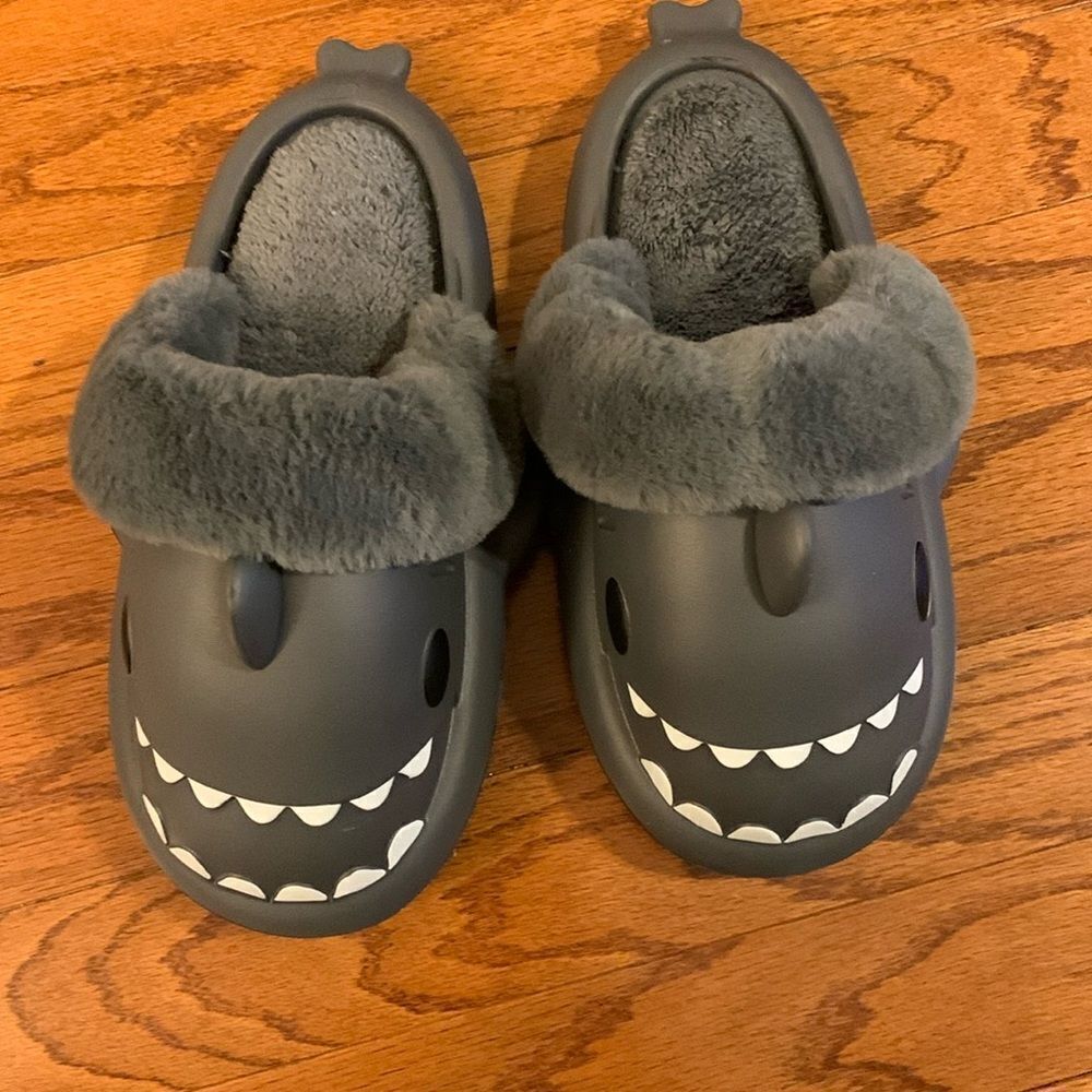 Shark furry (one pair) house slippers.  I have three Size 36-37